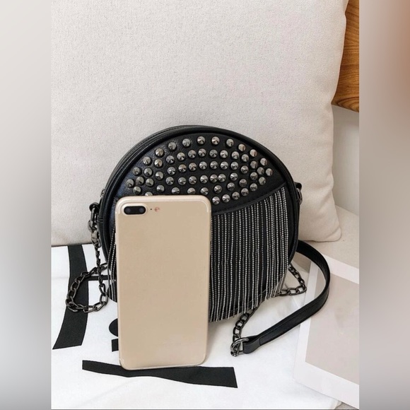 Fun Studded Fringed Round Crossbody Little Black Purse NEW - Picture 3 of 12